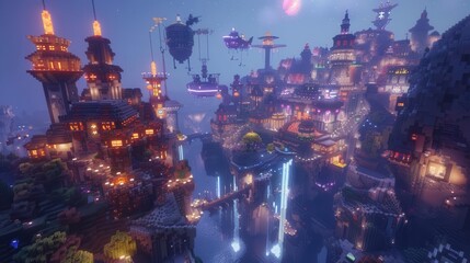 A vibrant, illuminated fantasy cityscape in a blocky, pixelated style, showcasing intricate architecture.