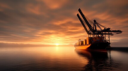 Obraz premium A silhouette of a cargo ship at sunset, with cranes rising against a colorful sky, reflecting on calm waters.