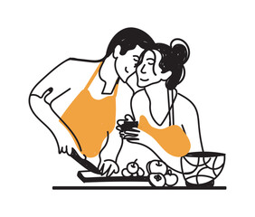 Hand drawn romantic couple, family prepare lifestyle cooking..Doodle sketch style illustration.