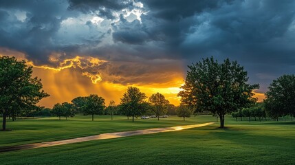 A dramatic blend of rain and sunshine as the clouds break, creating a striking contrast of light and dark skies.