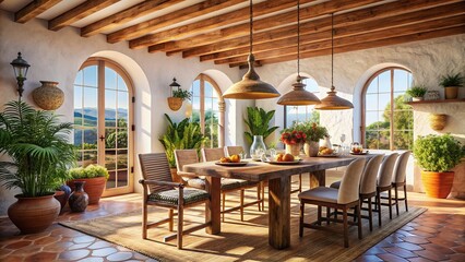 Fototapeta premium Mediterranean Dining Room Interior Mockup: Sunlit Table Setting with Copy Space