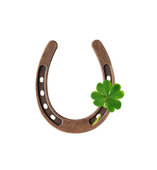 Horseshoe with lucky clover four leaf isolated on transparent background. St Patrick's holiday lucky symbol horseshoe with shamrock for design.