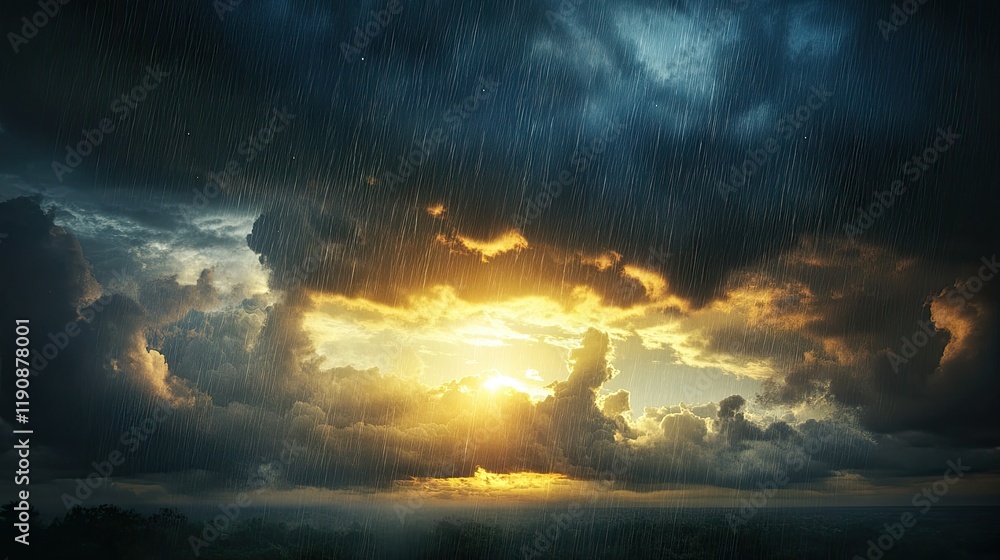 Poster a dramatic weather scene with rain falling from the sky and the sun breaking through the clouds, cre