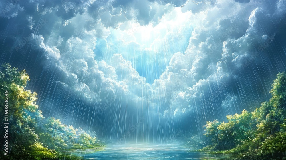 Poster a dynamic sky where rain and sun coexist, with clouds parting to reveal rays of sunshine filtering t