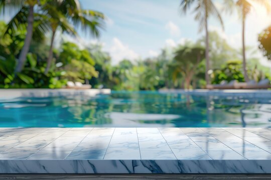 White marble table top with blurred pool background for product display.