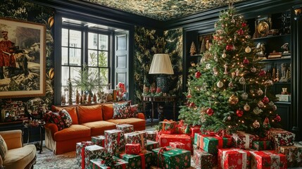 Fototapeta premium A family room decorated for the holidays, with a Christmas tree and a variety of gift boxes in festive paper piled beneath it.