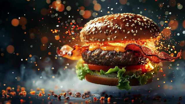 Explosive Burger Presentation with Flying Ingredients and Smoke
