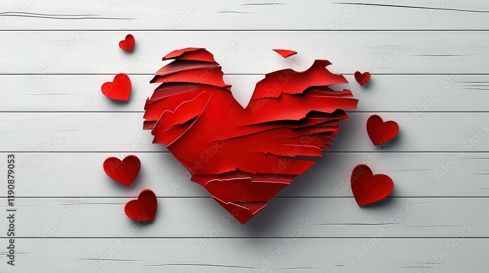 Poster artistic representation of a textured red heart made from layered paper, surrounded by smaller red h