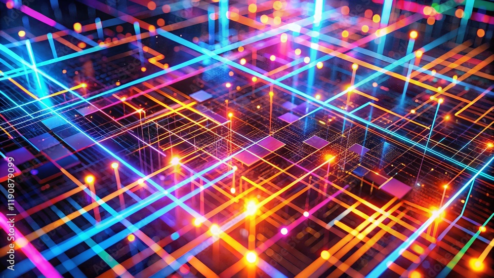 Poster mesmerizing neon grid matrix: vibrant technological abstract background stock photo