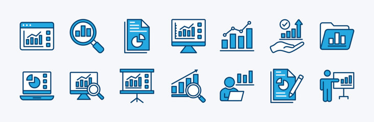 Set of data analysis icon. Contains analytics, big data science, database, profit, growth graph, statistics, chart, monitoring, research, progress, report, information, management. Vector illustration
