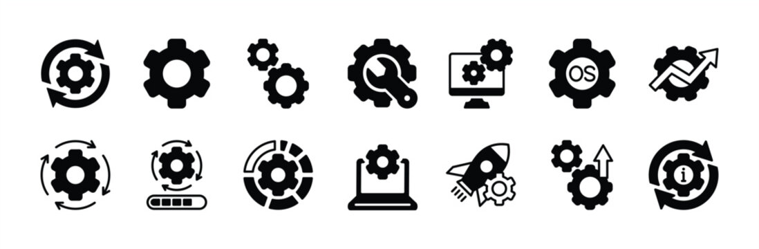Operating system or OS icon vector set. Containing software update, configuration, customization, options, maintenance, progress bar, upgrade, settings, installation, process, service