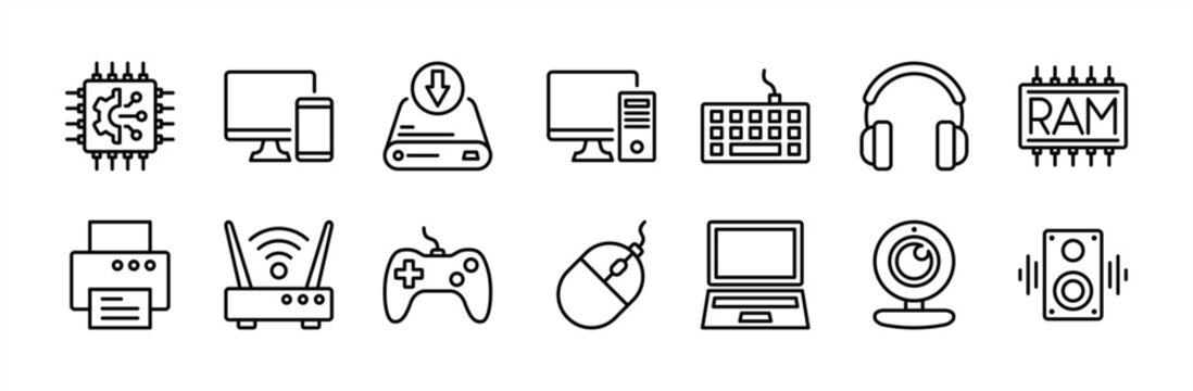 Hardware technology thin line icon set. Containing chips, computer device parts, mobile, hard drive, keyboard, headphone, printer, wifi router, gamepad, mouse, laptop, webcam, speaker, and ram vector