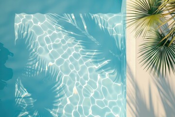 Top view luxury swimming pool with palm shadow  summer background.