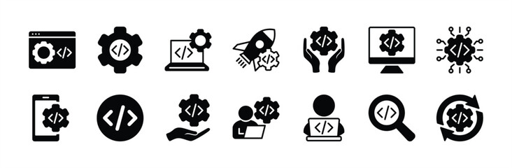 Programming coding icon vector set. Containing Software development, web page, computer program, programmer, developer, app, developer, information technology, testing, process, startup