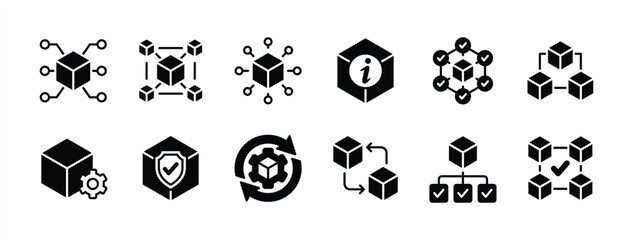 Blockchain technology icon vector set. Containing mechanism, encryption, advanced data, information, share, connection, business network, consistency, manage, secure, structure