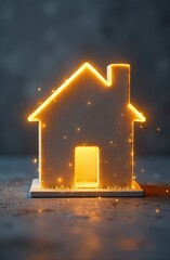 Transparent gold luminous symbol of house on grey concrete background with golden glitter. Real estate, realtor, mortgage, insurance, booking, construction, insulation, heating. 