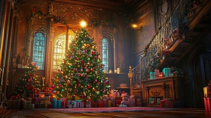 Obraz premium A festive Christmas tree adorned with glowing ornaments, surrounded by colorful gifts, in a beautifully decorated home for the Feast of the Nativity