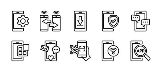 Application on mobile phone thin line icon set. Containing searching app on smartphone, settings, share connection, download, protection, message, social media, scan barcode, wifi. Vector illustration