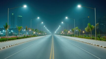 Empty Urban Road at Night with Lush Palm Trees and Streetlights, Surrounded by Modern Buildings, Creating a Serene and Tranquil Atmosphere