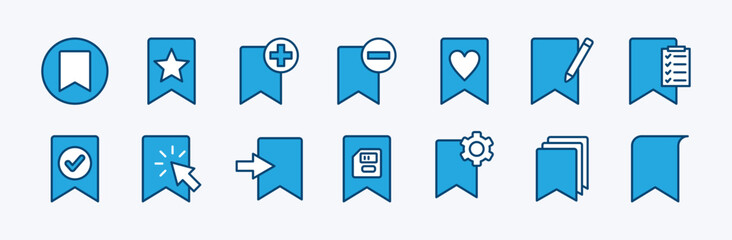 Set of web page site bookmark icon. Containing click button, add, remove, star favorite, rename or edit, list, save, settings, enter, copy, primary, open, manager, show. Vector illustration
