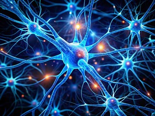 Obraz premium Microscopic Blue Neuron Network: Synapses & Brain Cell System, Medical Biology Background