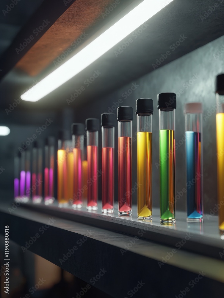 Poster a row of test tubes filled with colored liquids on a shelf in a laboratory or lab room