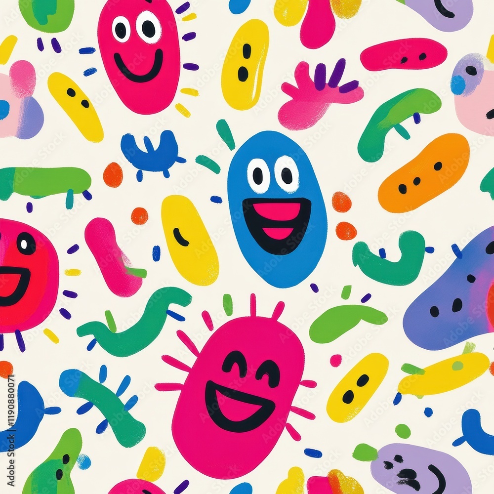 Poster colorful cartoon microbes smiling joyfully in a vibrant and playful pattern on a light background. g
