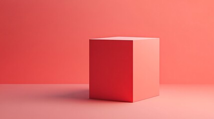 Minimalist red cube standing on a pink floor in a room with a red wall