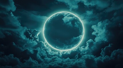 Full moon surrounded by a dramatic halo of clouds, creating an eerie and mystical atmosphere.