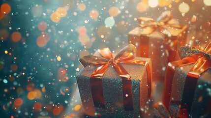 A festive holiday scene featuring neatly wrapped gift boxes, sparkling confetti, and glowing bokeh lights, perfect for seasonal celebrations