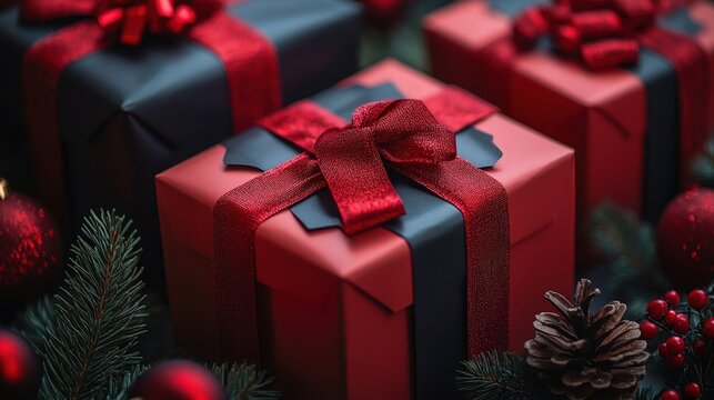 Group of red and black gift boxes arranged with a large red bow on top for special occasions and celebrations valentine day