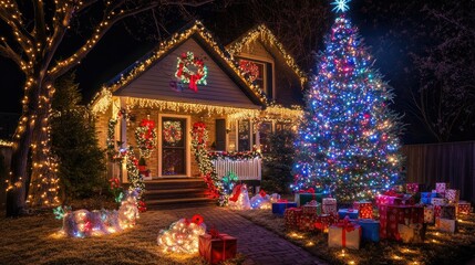 Fototapeta premium A festive house with a stunningly decorated Christmas tree, twinkling lights, and colorful gifts, ready for a joyful Nativity party