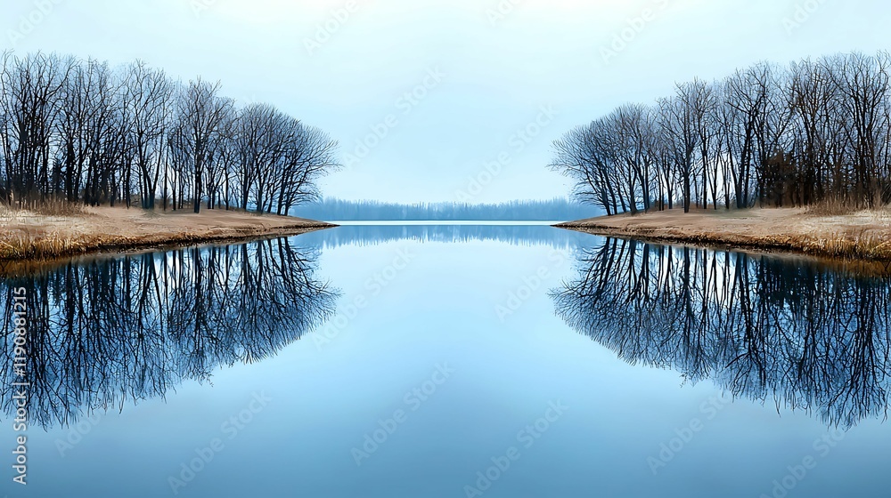 Wall mural a tranquil landscape featuring a calm, reflective lake bordered by leafless trees under a serene blu