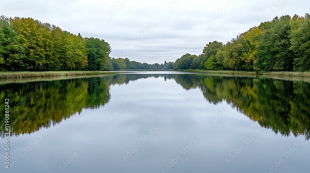 Wall mural a serene, reflective lake surrounded by lush forest, under a cloudy sky, creating a tranquil and pic