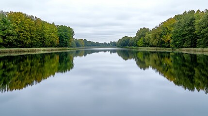 Obraz premium A serene, reflective lake surrounded by lush forest, under a cloudy sky, creating a tranquil and picturesque nature scene.