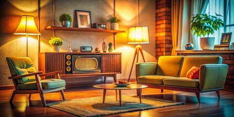Mid-Century Modern Living Room: Retro Decor & Vintage Radio - Soft Focus Stock Photo