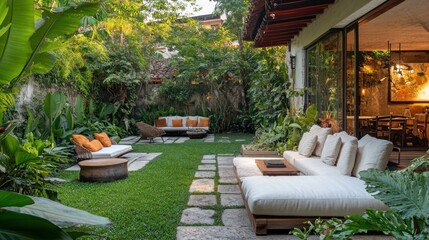 Obraz premium Tranquil Outdoor Living Space with Lush Greenery and Comfortable Seating Arrangements