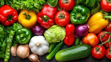 Fresh and Vibrant Assortment of Colorful Vegetables and Greens Spread on Wooden Surface