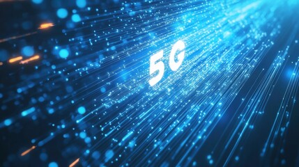 Blue light streak and fiber optic illustrating the speed and futuristic technology of 5G or 6G wireless data transmission, suitable for high-speed internet concepts.