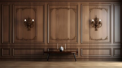 Elegant Dark Brown Wooden Wall Paneling with Intricate Carvings, Ornate Wall Sconces, and a Modern Coffee Table Featuring Candles and a Decorative    