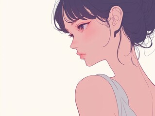 Profile of a young woman with dark hair pulled back in a loose bun, showcasing delicate features and soft, subtle shading, digital illustration with a minimalist aesthetic.