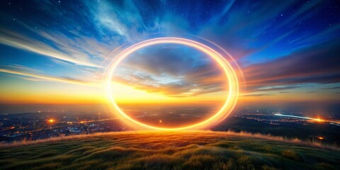 Miniature Bright Magic Energy Circle in Sky, Fantasy Tilt-Shift Photo