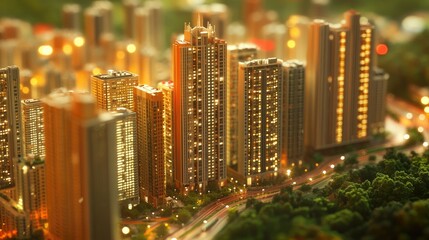 A detailed image showing an architectural model of an urban area with various high-rise and low-rise buildings.