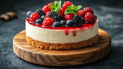 Modern cake on a wooden stand decorated with fresh berries and mint leaves on top. Generative AI.