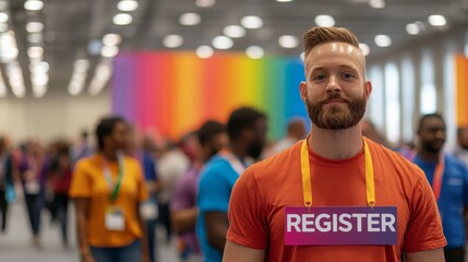 Register now for enrollment. A man with a registration badge stands in a colorful event crowd.