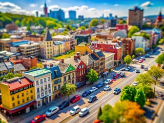 Naklejka premium Miniature Cityscape: Urban Life from Above, Tilt-Shift Photography