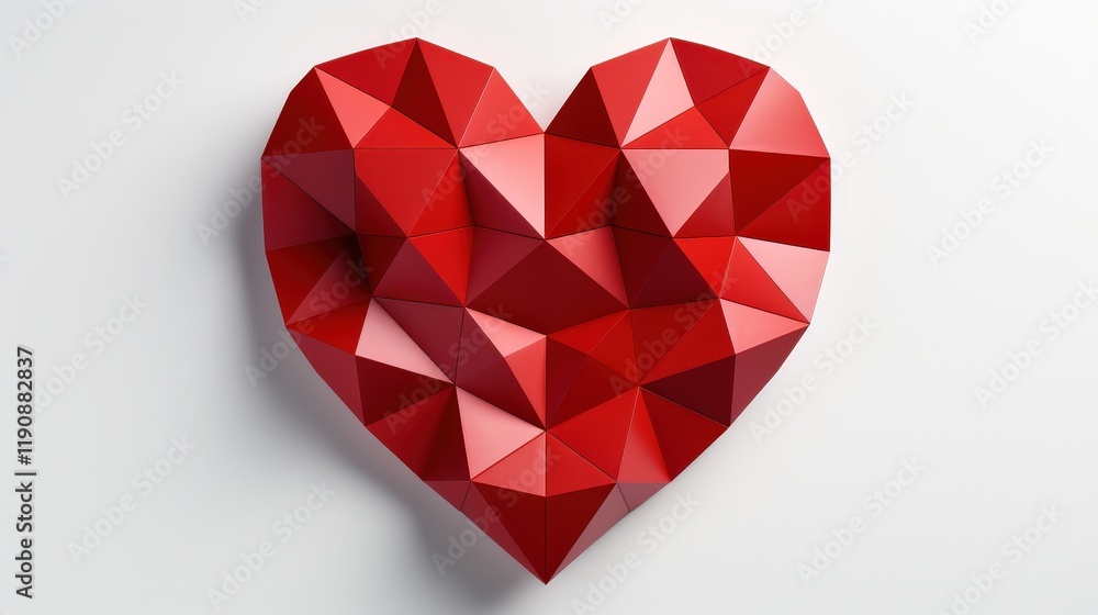 Poster geometric red heart in abstract style with triangular facets and clean background for creative and r