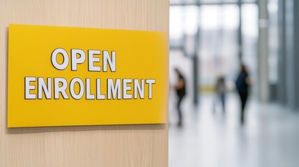 Register now for enrollment. Open enrollment sign in a modern space with people in the background.
