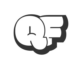 QF logo, bubble comic lettering, rounded in graffiti style black and white silhouette. Trendy preschool Q and F letter text for festival party, personal initials, children funky print and web.