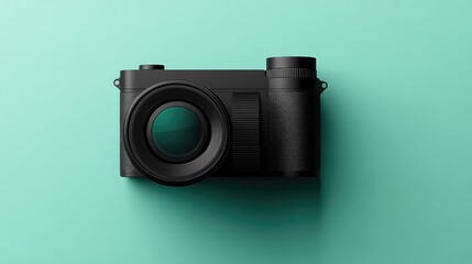 Minimalist flat lay of a black camera on a pastel green background, sharp details and soft shadows.